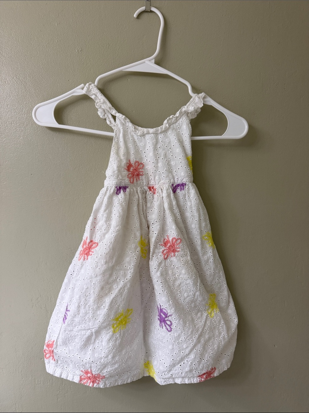White Eyelet Girls' Sundress with Multicolor Floral Embroidery